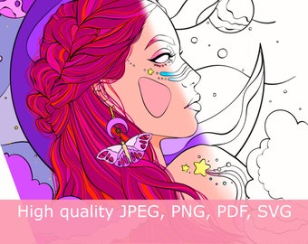 Digital Coloring Page | Fantasy Mystical Woman