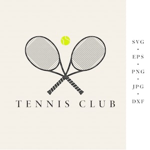 May include: A black and white illustration of two crossed tennis rackets with a yellow tennis ball above them. The text "TENNIS CLUB" is below the rackets.
