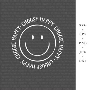 K&ouml;nnte beinhalten: Ein schwarz-wei&szlig;es Grafikdesign mit einem wei&szlig;en Kreis und einem Smiley darin. Der Kreis ist mit dem Text "Choose Happy. Choose Happy." umrandet.