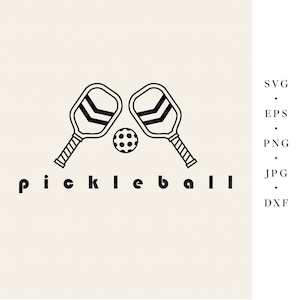 Könnte beinhalten: Schwarz-weiß-Illustration von zwei Pickleball-Schlägern, die sich überkreuzen, mit einem Pickleball in der Mitte. Der Text "Pickleball" steht unter den Schlägern.