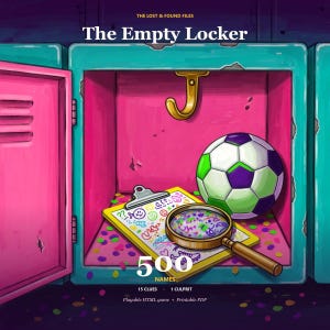 Puede incluir: Una ilustración digital de una taquilla de color verde azulado con interior rosa que contiene un balón de fútbol, un portapapeles amarillo con garabatos coloridos y una lupa. El texto dice: THE LOST & FOUND FILES, The Empty Locker, 500 NAMES, 15 CLUES, 1 CULPRIT.