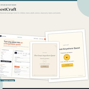 Könnte beinhalten: Eine digitale Benutzeroberfläche für QuestCraft, einen Offline-QR-Jagd-Ersteller, die ein Web-Dashboard zum Entwerfen von Schnitzeljagden anzeigt. Der Bildschirm zeigt Text, einschließlich Turn any place into an unforgettable quest und Host Start.