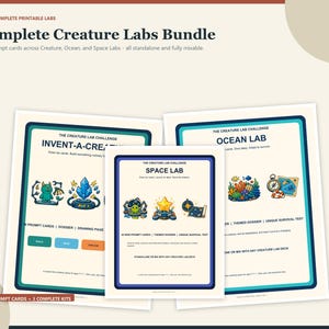 May include: A Complete Creature Labs Bundle featuring three printable sets: Invent-A-Creature, Space Lab, and Ocean Lab. Each set includes prompt cards, a themed dossier, and a drawing page, totaling 108 cards with colorful illustrations of creatures.