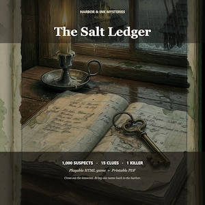 May include: An open ledger book with handwritten text and a brass skeleton key resting on its pages. A lit candle in a metal holder sits nearby on a wooden surface. The text reads Harbor & Ink Mysteries, The Salt Ledger, 1,000 Suspects, 15 Clues, 1 Killer.