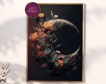 May include: Art print featuring a crescent moon design adorned with orange and red flowers, green foliage, and a starry background. The artwork is framed in gold and includes the text "ART PRINT".