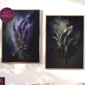 Midnight Garden Botanicals | Dark Academia Decor | Dreamy Moody Herbal Floral Wall Art | Lavender and Sage ART PRINTS