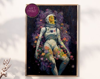 Floral Astronaut Art Print: Galaxy Space Woman, Cosmic Decor