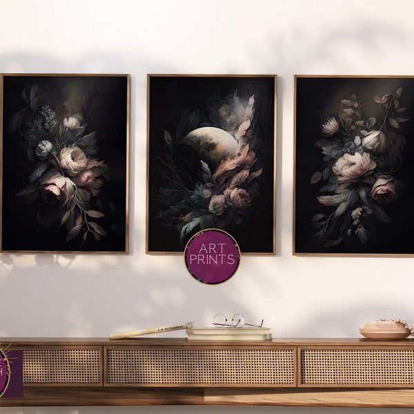 Celestial Moon Pastel Florals Set of 3 Gallery Wall Collection Gothic Botany Macabre Moody Wall Decor Dreamy Flowers | Art Prints