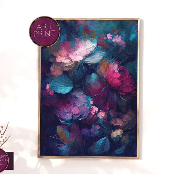 Moody Floral Artwork in Deep Jewel Tones | Bold Statement Piece for Maximalist Home Decor | Painterly Abstract Flower Wall art | Art Print