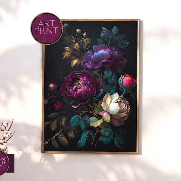 Romantic Maximalism Bold Botanical Flower Victorian Digital Painting Dark Academia Artwork | Gothic Decor | Moody Macabre Floral | ART PRINT