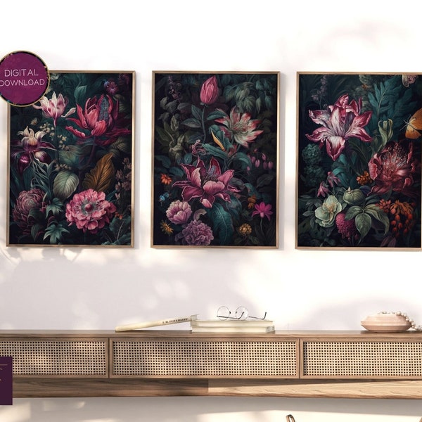 Exotic Tropical Floral Botanical Jewel Tone Gallery Wall Art Set of 3 Moody Maximalism Decor Flower Wallpaper | Digital Printable Download