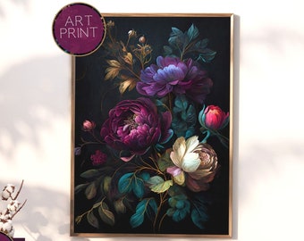 Romantic Maximalism Bold Botanical Flower Victorian Digital Painting Dark Academia Artwork | Gothic Decor | Moody Macabre Floral | ART PRINT