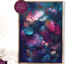 Moody Floral Artwork in Deep Jewel Tones | Bold Statement Piece for Maximalist Home Decor | Painterly Abstract Flower Wall art | Art Print