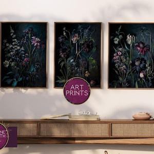 Dark Academia Floral Apothecary 3-Image Printed Art Collection: Gothic, Moody botany Cottagecore, Macabre Wall Decor, Dark Florals