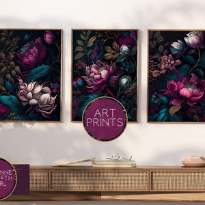 Jewel Toned Modern Bold Floral Wall Art Set, 3 Image Art Print Botanical Home Decor, Colorful Nature Artwork Living Room & Bedroom