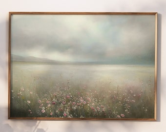 Vintage White and Pink Floral Landscape Digital Oil Painting Printable Download Art | Light Academia | Cottagecore | French Countryside