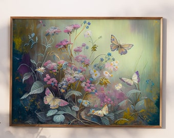 Butterfly Floral Blues Painting Cottagecore Whimsical Vintage Fairytale Illustration - Pastel home decor printable flower Download wall art