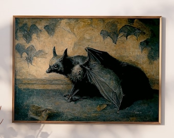 Moody Antique Bat Vintage Dark Academia Digital Painting Printable Download.  Gothic, Cottagecore, Macabre Decor, Light Academia, Animal art