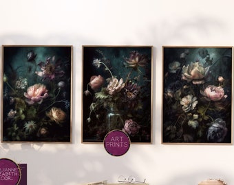 Dark Academia Floral Apothecary : Moody Botanical Wall Art, Gothic, Cottagecore Decor Pastel Flowers | Set of 3 ART PRINTS