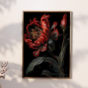 Red Botanical Flower Vintage Painting Printable | Gothic Decor | Moody Cottagecore Macabre Dark Academia Flower | DIGITAL DOWNLOAD