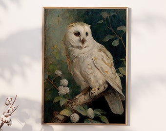 Antique White Owl Digital Painting Dark Academia Printable Gothic vintage Moody Cottagecore Macabre Decor Light Animal art | Download