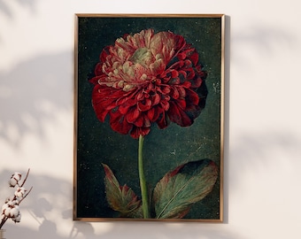 Red Dahlia Dark Academia Moody Floral Art Printable Gothic Antique Inspired Cottagecore, Macabre Wall Decor Botanical | Digital Download