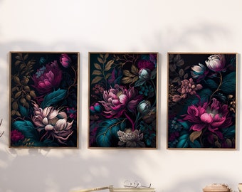 Floral Botanical Jewel Tone Gallery Art Set of 3 Moody Wall Decor Dark Academia Flower Wallpaper Printable | Digital Download