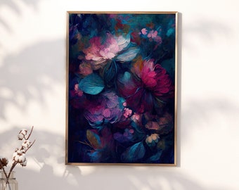 Moody Floral Artwork in Deep Jewel Tones | Bold Statement Piece for Maximalist Home Decor | Painterly Abstract Flower Wall art | Art Print