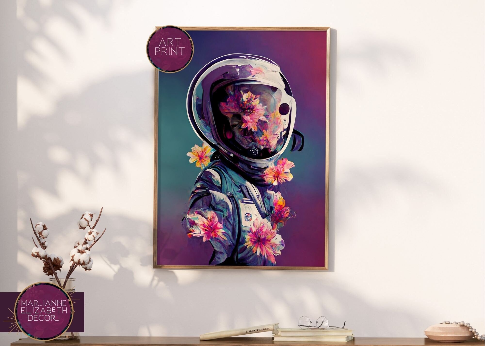 Abstract Female Astronaut Art Print | Bold Colorful Space Explorer | Floral Cosmic Portrait | Modern Galactic Wall Art | ART PRINT