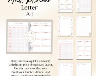 Minimalist Meal Planner Printable Set | Weekly, Recipe, Notes (A4 Letter, Instant Download)