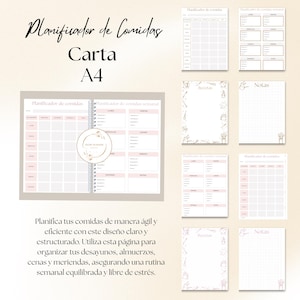 May include: A collection of meal planning pages with the text "Planificador de Comidas" and "Carta A4". The pages have a pink and white color scheme with sections for daily meals, recipes, and notes. The design includes decorative elements.