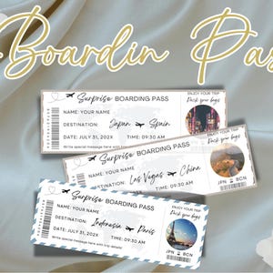 May include: Three surprise boarding passes with destinations to Japan, Spain, Las Vegas, China, Indonesia, and Paris. The passes have a white background with a blue border and include the text "Enjoy your trip, Pack your bags."
