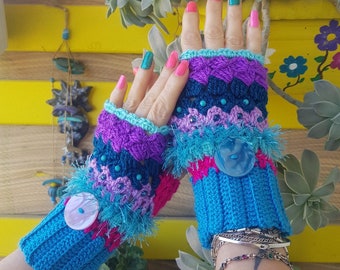 Guantes rosa azul / guantes de punto / calentador de manos / guantes abotonados / calentador de muñeca de ganchillo