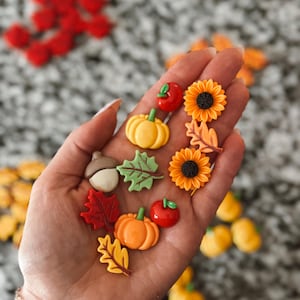 May include: A collection of small, decorative autumn-themed flatback cabochons including yellow and orange pumpkins, red apples, brown acorns, green and red maple leaves, yellow oak leaves, and bright yellow sunflowers with dark brown centers.
