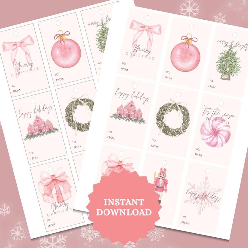 Pink Christmas Gift Tags: Elegant Holiday Present Labels (digital ...