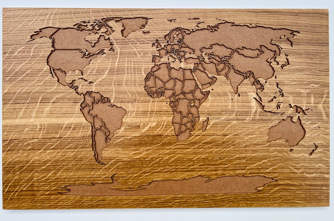 Oak World Map, 86 X 53 Cm, Covered With Transparent Varnish, UV
