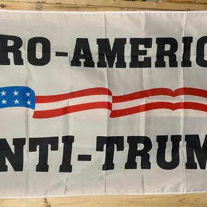 May include: White flag with the text "PRO-AMERICA ANTI-TRUMP" in black bold letters. A red, white, and blue American flag is displayed above the text.