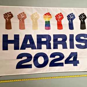May include: A white flag with a blue banner reading "HARRIS 2024". Above the banner are eight raised fists in different colors, including a rainbow fist.