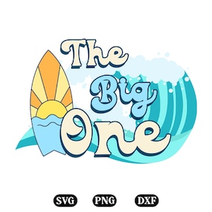Puede incluir: Una tabla de surf azul y amarilla con un gráfico de sol y el texto "The Big One" en un gráfico de ola azul y amarilla.