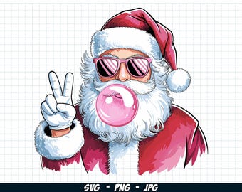 Retro Christmas Santa Blowing Bubble SVG PNG, Santa Claus Bubble Gum Png, Pink Santa Sunglasses Christmas sublimation, Digital download