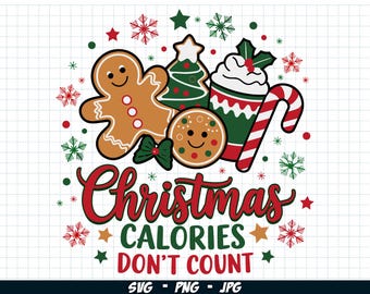 Op de afbeelding: Een kerstthema-afbeelding met een peperkoekman, een kerstboom, een kop warme chocolademelk met slagroom en een snoepstok. De tekst luidt "Kerstcalorieën tellen niet".