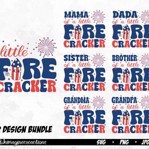 May include: A set of 12 digital designs featuring a red, white, and blue firecracker with the text "little firecracker" and variations for family members, such as "Mama of a little firecracker" and "Sister of a little firecracker".