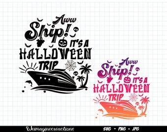 Könnte beinhalten: Zwei Versionen eines Halloween-Designs mit einem Schiff und dem Text "Aww Ship! It's a Halloween Trip". Das Design ist in Schwarzweiß und einem Farbverlauf von Pink und Lila.