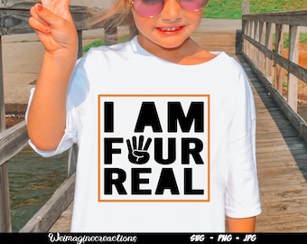 May include: White t-shirt with the text "I AM FOUR REAL" in black block letters inside an orange square. The "FOUR" is represented by a hand making a four gesture. The shirt is worn by a person wearing sunglasses.