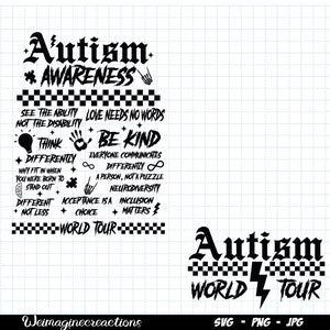 May include: Black and white graphic design with the text "Autism Awareness World Tour" and a list of phrases related to autism acceptance and inclusion.