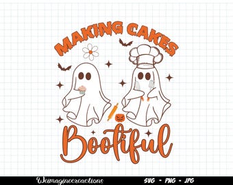 May include: Orange and white graphic design featuring two ghosts. One ghost is wearing a chef's hat and holding a whisk. The other ghost is holding a cupcake. The text reads "Making Cakes Bootiful".