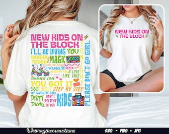 May include: Cream-coloured t-shirt featuring the text "NEW KIDS ON THE BLOCK" in pink, with a retro boombox and roller skates graphic. The back of the shirt displays song titles and phrases in various colours. A casual, comfortable style.