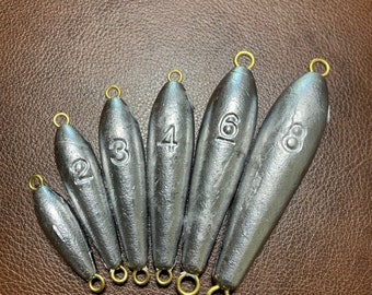 Antique Lead Weighted Fishing Sinkers. Vintage Collectible Tackle Lot of  14. All Unique Cast Lead and Many With Stamped Weight for Display. 