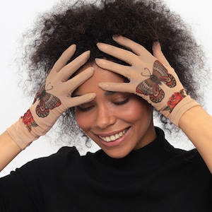Butterfly women gloves, fake tattoo gloves, nylon gloves