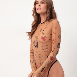 Bodysuit | Long Sleeve Bodysuit | Bodysuit Woman | Festival Wear | Tattoo design | See Through | Rave bodysuit | Sexy Briefs | Cartoon print